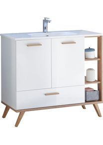 Waschtisch SAPHIR "Quickset Mineralmarmor-Waschtisch mit Unterschrank, 101 cm breit", wei&szlig; (wei&szlig; glanz, riviera eiche, wei&szlig; glanz, riviera eiche), B:101cm H:89,5cm T:46cm, Holzwerkstoff, Mineralguss, Waschtische, Waschtisch, Wachplatz, inkl. T&uuml;rd&auml;mpfer, 2 T&uuml;ren, 1 Schublade, seitliches Fach