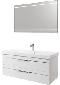 Badm&ouml;bel-Set SAPHIR "Balto 2-teilig Mineralmarmor-Waschtisch mit LED-Spiegel, 123 cm breit", wei&szlig; (wei&szlig; hochglanz mit chromeinlage), B:123cm H:200cm T:50,8cm, Holzwerkstoff, Kastenm&ouml;bel-Sets, Badm&ouml;bel-Set, Waschplatz mit 2 Schubladen, Badschrank inkl. Schubladend&auml;mpfer