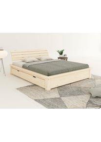 Massivholzbett Home Affaire "Antri, Futonbett, ergonomisch geformtes Kopfteil, stilvolles Design", naturbelassen, B:178cm H:79,2cm L:224,6cm, Betten, Massivholzbett, Rahmen zur Ablage von Smartphone, mit Lattenrost, Bettkasten optional