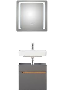 Badm&ouml;bel-Set SAPHIR "Quickset 2-teilig, Waschbeckenunterschrank mit LED-Spiegel", grau (quarzgrau matt touch, quarzgrau matt, akzent riviera eiche quer nb), Kastenm&ouml;bel-Sets, Badm&ouml;bel-Set, Waschplatz 70 cm breit, ohne Waschbecken, 1 Schublade, Bad-Set