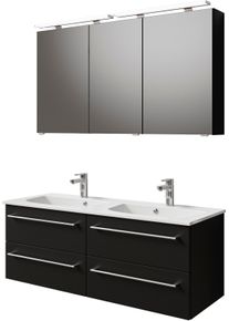 Badm&ouml;bel-Set SAPHIR "Serie 6025 2-teilig Mineralmarmor-Waschtisch mit LED-Spiegelschrank", schwarz (schwarz matt select), B:132cm H:200cm T:48cm, Holzwerkstoff, Kastenm&ouml;bel-Sets, Badm&ouml;bel-Set, Waschplatz 132cm breit, 4 Schubladen, 2 Spiegel-T&uuml;ren, inkl T&uuml;rd&auml;mpfer
