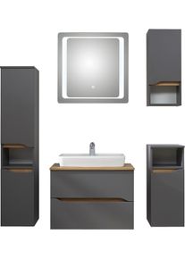 Badm&ouml;bel-Set SAPHIR "Quickset 5-teilig, Keramik-Aufsatzbecken mit LED-Spiegel", grau (quarzgrau matt touch, quarzgrau matt, akzent riviera eiche quer nb), Kastenm&ouml;bel-Sets, Badm&ouml;bel-Set, Midischrank, Unterschrank, H&auml;ngeschrank, inkl. T&uuml;rd&auml;mpfer, 6 T&uuml;ren