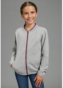 Sweatjacke Kangaroos "Modische Sweatjacke mit Ringelb&uuml;ndchen", M&auml;dchen, Gr. 140/146, grau (graumeliert), angeraute Sweatware, Obermaterial: 90% Baumwolle, 10% Viskose, unifarben, Basic h&uuml;ftlang, mit innenliegendem Gummizug, Sweatjacken Sweatjacke, mit Rippkragen, aus Baumwolle und Viskose, mit Logostickerei