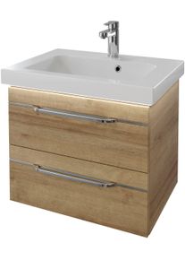 Waschtisch SAPHIR "Serie Balto Mineralmarmor-Waschtisch mit Unterschrank, 64,4 cm breit", braun (riviera eiche quer nachbildung, riviera eiche quer nachbildung), B:64,4cm H:55,6cm T:46cm, Waschtische, Waschtisch, Waschplatz mit 2 Schubladen, Badschrank in verschiedenen Ausf&uuml;hrungen