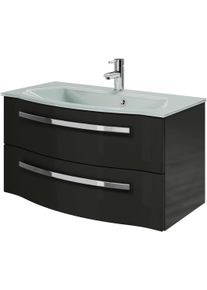 Waschtisch SAPHIR "Serie 4005 Glas-Waschtisch mit Unterschrank, 92 cm breit", grau (lack steingrau hochglanz, lack steingrau hochglanz), B:92cm H:49,7cm T:49,1cm, Waschtische, Waschtisch, Waschplatz mit 2 Schubladen, Badm&ouml;bel-Set mit Waschtisch