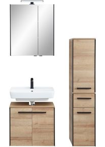 Badm&ouml;bel-Set SAPHIR "Quickset 395 3-teilig, Waschbeckenunterschrank mit LED-Spiegelschrank", braun, Riviera Eiche quer Nachbildungmit schwarzem L-Profil vorne, Kastenm&ouml;bel-Sets, Badm&ouml;bel-Set, Midischrank, inkl. T&uuml;rd&auml;mpfer, 6 T&uuml;ren, 1 Schublade, Bad-Set