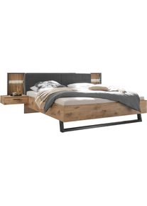 Bettanlage Schlafkontor "Daria Bett mit gepolstertem Kopfteil", beige (viking oak hell, graphit), B:297,6cm H:98,8cm T:222,4cm, Melamin, Schlafzimmerm&ouml;bel-Sets, Bettanlage, inklusive Paneel mit Beleuchtung