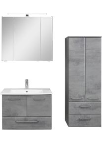 Badm&ouml;bel-Set SAPHIR "Quickset 945 3-teilig, Keramik-Waschtisch mit LED-Spiegelschrank", grau (oxid dunkelgrau quer), Kastenm&ouml;bel-Sets, Badm&ouml;bel-Set, Midischrank, 7 T&uuml;ren, 3 Schubladen, 8 Einlegeb&ouml;den, inkl. T&uuml;rd&auml;mpfer