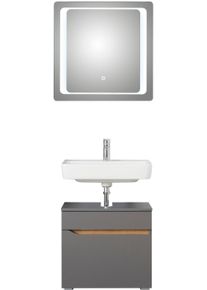 Badm&ouml;bel-Set SAPHIR "Quickset 2-teilig, Waschbeckenunterschrank mit LED-Spiegel", grau (quarzgrau matt touch, quarzgrau matt, akzent riviera eiche quer nb), Kastenm&ouml;bel-Sets, Badm&ouml;bel-Set, Waschplatz 70 cm breit, ohne Waschbecken, 1 Schublade, Bad-Set