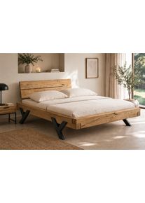 Massivholzbett OTTO HOME "Ultima Balkenbett Doppelbett, F&uuml;&szlig;e aus Metall in Y-Form", braun (eiche), B:158cm H:88cm L:228cm, Betten, Massivholzbett, FSC-zertifizierte Wildeiche oder Fichte, viele Breiten zur Auswahl