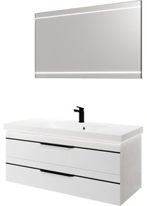 Badm&ouml;bel-Set SAPHIR "Balto 2-teilig Mineralmarmor-Waschtisch mit LED-Spiegel, 123 cm breit", wei&szlig; (wei&szlig; hochglanz mit schwarzer einlage), B:123cm H:200cm T:50,8cm, Holzwerkstoff, Kastenm&ouml;bel-Sets, Badm&ouml;bel-Set, Waschplatz mit 2 Schubladen, Badschrank inkl. Schubladend&auml;mpfer