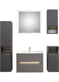 Badm&ouml;bel-Set SAPHIR "Quickset 5-teilig, Keramik-Waschtisch mit LED-Spiegel", grau (quarzgrau matt touch, quarzgrau matt, akzent riviera eiche quer nb), Kastenm&ouml;bel-Sets, Badm&ouml;bel-Set, Midischrank, Unterschrank, H&auml;ngeschrank, inkl. T&uuml;rd&auml;mpfer, 4 T&uuml;ren