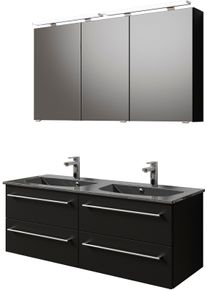 Badm&ouml;bel-Set SAPHIR "Serie 6025 2-teilig Mineralmarmor-Waschtisch mit LED-Spiegelschrank", schwarz (schwarz matt select), B:132cm H:200cm T:48cm, Holzwerkstoff, Kastenm&ouml;bel-Sets, Badm&ouml;bel-Set, Waschplatz 132cm breit, 4 Schubladen, 2 Spiegel-T&uuml;ren, inkl T&uuml;rd&auml;mpfer