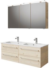 Badm&ouml;bel-Set SAPHIR "Serie 6025 2-teilig Mineralmarmor-Waschtisch mit LED-Spiegelschrank", braun (polar pinie quer nb), B:132cm H:200cm T:48cm, Holzwerkstoff, Kastenm&ouml;bel-Sets, Badm&ouml;bel-Set, Waschplatz 132cm breit, 4 Schubladen, 2 Spiegel-T&uuml;ren, inkl T&uuml;rd&auml;mpfer