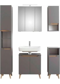 Badm&ouml;bel-Set SAPHIR "Quickset 5-teilig, Waschbeckenunterschrank mit LED-Spiegelschrank", grau (quarzgrau matt touch, quarzgrau matt, akzent riviera eiche quer nb), Kastenm&ouml;bel-Sets, Badm&ouml;bel-Set, Hochschrank, Unterschrank, H&auml;ngeschrank, inkl. T&uuml;rd&auml;mpfer, 9 T&uuml;ren