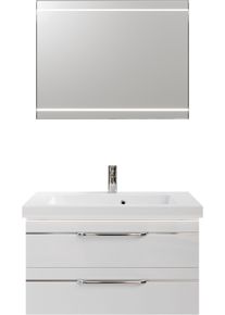 Badm&ouml;bel-Set SAPHIR "Balto 2-teilig Mineralmarmor-Waschtisch mit LED-Spiegel, Waschplatz", wei&szlig; (wei&szlig; hochglanz mit chromeinlage), B:92cm H:200cm T:50,8cm, Holzwerkstoff, Kastenm&ouml;bel-Sets, Badm&ouml;bel-Set, 92 cm breit, mit 2 Schubladen, Badschrank inkl. Schubladend&auml;mpfer