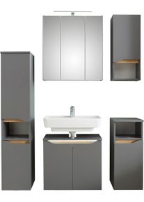 Badm&ouml;bel-Set SAPHIR "Quickset 5-teilig, Waschbeckenunterschrank mit LED-Spiegelschrank", grau (quarzgrau matt touch, quarzgrau matt, akzent riviera eiche quer nb), Kastenm&ouml;bel-Sets, Badm&ouml;bel-Set, Midischrank, Unterschrank, H&auml;ngeschrank, inkl. T&uuml;rd&auml;mpfer, 9 T&uuml;ren