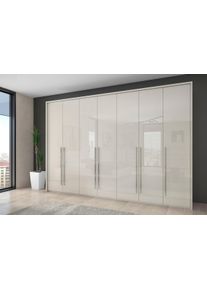 Kleiderschrank OTTO HOME "Piano, inklusive Rahmen und Beleuchtung, soft-close-Funktion", beige (beige hochglanz), B:322cm H:226cm T:60cm, Holzwerkstoff, Schr&auml;nke, Kleiderschrank, beige oder wei&szlig;, UV lackiert, Hochglanzfronten, FSC-zertifiziert