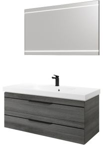 Badm&ouml;bel-Set SAPHIR "Balto 2-teilig Mineralmarmor-Waschtisch mit LED-Spiegel, 123 cm breit", grau (graphit struktur quer nachbildung mit schwarzer einlage), B:123cm H:200cm T:50,8cm, Holzwerkstoff, Kastenm&ouml;bel-Sets, Badm&ouml;bel-Set, Waschplatz mit 2 Schubladen, Badschrank inkl. Schubladend&auml;mpfer