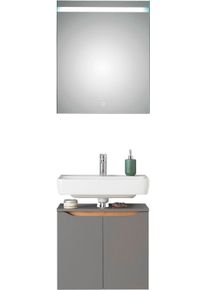 Badm&ouml;bel-Set SAPHIR "Quickset 2-teilig, Waschbeckenunterschrank mit LED-Spiegel", grau (quarzgrau matt touch, quarzgrau matt, akzent riviera eiche quer nb), Kastenm&ouml;bel-Sets, Badm&ouml;bel-Set, Waschplatz 60 cm breit, inkl. T&uuml;rd&auml;mpfer, 2 T&uuml;ren, Bad-Set