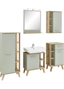 Badm&ouml;bel-Set SAPHIR "Quickset 5-teilig, Waschbeckenunterschrank mit LED-Spiegel", braun (riviera eiche, salbei nachbildung), B:60cm, Holzwerkstoff, Kastenm&ouml;bel-Sets, Badm&ouml;bel-Set, Unterschrank, H&auml;ngeschrank, Midischrank, inkl. T&uuml;rd&auml;mpfer, 4 T&uuml;ren