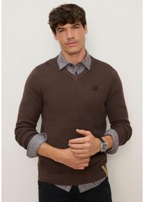 MAN'S WORLD V-Ausschnitt-Pullover MAN'S WORLD "Neue Kollektion Highlight Strickstruktur", Herren, Gr. S (44/46), braun (dunkelbraun), Strick, Obermaterial: 50% Baumwolle, 50% Polyacryl, unifarben, regular fit normal, V-Ausschnitt, Rippstrickb&uuml;ndchen, Pullover V-Ausschnitt-Pullover, Strickmaterial, Rippb&uuml;ndchen am Ausschnitt, Regular Fit Passform