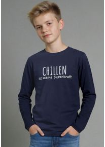 Langarmshirt Kidsworld "Spr&uuml;cheshirt: CHILLEN ist meine Superkraft", Jungen, Gr. 176/182, blau (marine), Single Jersey, Obermaterial: 100% Baumwolle, unifarben, Basic, Rundhals, Shirts Langarmshirt, modischer Stil, f&uuml;r Basic-Anl&auml;sse