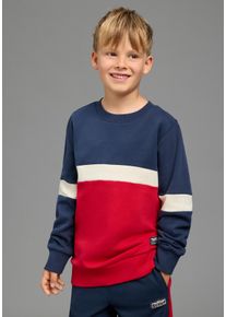 Sweatshirt Scout "Rundhals-Sweat mit kontrastfarbigen Eins&auml;tzen - NEU von Scout", Jungen, Gr. 116/122, bunt (marine), Sweatware, Obermaterial: 100% Baumwolle, bedruckt, Basic h&uuml;ftbedeckend, Rundhals, Rippb&uuml;ndchen, Sweatshirts Sweatshirt, Rundhals, Langarm, h&uuml;ftbedeckende L&auml;nge, mit Badge-Applikation