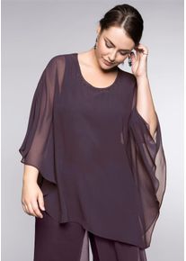 Longbluse sheego, Damen, Gr. 50, lila (aubergine), 100% Polyester, unifarben, Rundhals, Blusen Longbluse