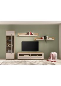 Wohnwand Home Affaire "Cantara, Anbauwand, Wohnzimmer-Set, in Eiche Evoke, Wei&szlig; oder Kaschmir", beige (eiche cremona toro, kaschmir matt), B:240cm H:200cm T:42cm, Holzwerkstoff, Kastenm&ouml;bel-Sets, Wohnwand, enth&auml;lt eine Vitrine, ein Lowboard und zwei Wandboards