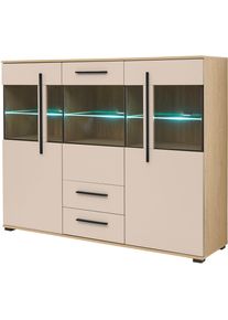Highboard Home Affaire "Cantara, moderner Schrank, Vitrine in Eiche Dekor, Wei&szlig; oder Kaschmir", beige (eiche cremona toro, kaschmir matt), B:160cm H:126cm T:42cm, Holzwerkstoff, Sideboards, Highboard, schwarze Stangengriffe, ausreichend Stauraum, vielseitig einsetzbar