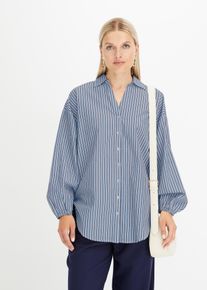 Langarmbluse bonprix "Oversize-Bluse aus reiner Baumwolle", Damen, Gr. 46, blau (dunkelblau, wei&szlig; l&auml;ngs gestreift), Obermaterial: 100% Baumwolle, oversize, Blusen Langarmbluse, Oversize-Passform, mit V-Ausschnitt, aus Baumwolle