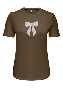 Kurzarmshirt Only "ONLKITA S/S LUXE JRS NOOS", Damen, Gr. L, beech detail:sparkling silber bow, Jersey, Obermaterial: 100% Baumwolle, bedruckt, regular fit normal, Rundhals, Shirts Kurzarmshirt, Baumwolle, regular fit