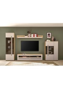 Wohnwand Home Affaire "Cantara, Anbauwand, Wohnzimmer-Set, in Eiche Evoke, Wei&szlig; oder Kaschmir", beige (eiche cremona toro, kaschmir matt), B:350cm H:200cm T:42cm, Holzwerkstoff, Kastenm&ouml;bel-Sets, Wohnwand, enth&auml;lt zwei Vitrinen, ein Lowboard und ein Wandboard
