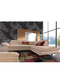 Polstergarnitur COTTA, braun (cappuccino), Sitzm&ouml;bel-Sets, B/H/T: 277cm, Leder PAMPAS,mit Bettfunktion,mit Kopfteilverstellung,mit Armteilverstellung, Polstergarnitur, Set: Ecksofa & Hocker, optional Bettfunktion, B:277cm