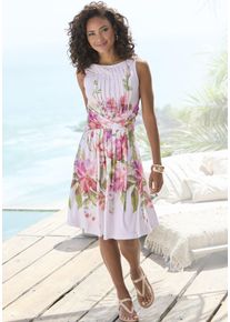 Sommerkleid Lascana "aus glatter b&uuml;gelfreier Ware mit Blumendruck", Damen, Gr. 44, N-Gr, ros&eacute; bedruckt, Stoff, Obermaterial: 95% Polyester, 5% Elasthan, bedruckt, gebl&uuml;mt, festlich, figurumspielend kniefrei, Rundhals, Kleider Sommerkleid, Cocktailkleid, Sommerkleid mit Spitzeneinsatz, Jerseykleid, festlich, Topseller