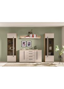 Wohnwand Home Affaire "Cantara, Anbauwand, Wohnzimmer-Set, in Eiche Evoke, Wei&szlig; oder Kaschmir", beige (eiche cremona toro, kaschmir matt), B:290cm H:270cm T:42cm, Holzwerkstoff, Kastenm&ouml;bel-Sets, Wohnwand, enth&auml;lt zwei Vitrinen, ein Sideboard und ein Wandboard