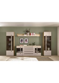 Wohnwand Home Affaire "Cantara, Anbauwand, Wohnzimmer-Set, in Eiche Evoke, Wei&szlig; oder Kaschmir", beige (eiche cremona toro, kaschmir matt), B:340cm H:200cm T:42cm, Holzwerkstoff, Kastenm&ouml;bel-Sets, Wohnwand, enth&auml;lt zwei Vitrinen, ein Sideboard und ein Wandboard