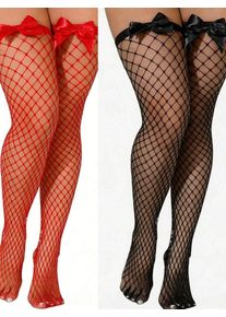 Bow Decor Fishnet Thigh High Stockings, Elastic Hollow Out Grid Over The Knee Fishnet Socks, Sweet Sexy Hold Up Mesh Hosiery For