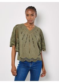 Shirtbluse Apricot "Baumwoll-Mesh-Top", Damen, Gr. L (40), gr&uuml;n (khaki), gewebt, Obermaterial: 100% Baumwolle CO., unifarben, V-Ausschnitt, Blusen Shirtbluse, mit Stickerei