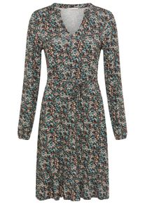 Minikleid Tamaris "aus Jersey, gemusterte Optik", Damen, Gr. 46, N-Gr, schwarz, petrol gemustert, Jersey, Obermaterial: 95% Viskose, 5% Elasthan, gemustert, figurbetont kniefrei, Rundhals, Kleider Minikleid, mit taillierter Passform und Stehkragen