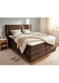 Boxspringbett OTTO HOME "MIVVA", braun, B:204cm L:215cm, Holz teilmassiv, Holzwerkstoff, Spanplatte, Komplettbetten, Boxspringbett, in H3, H4 oder Hmix H3/H4, wahlweise mit oder ohne LED-Leuchten