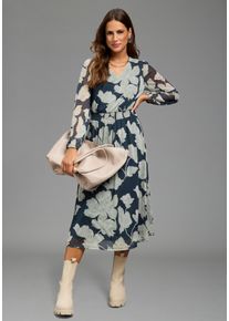 Meshkleid Laura Scott, Damen, Gr. 48, N-Gr, blau (marine, gemustert), Jersey, Obermaterial: 95% Polyester, 5% Elasthan. Futter: 100% Polyester, gemustert, figurbetont wadenlang, V-Ausschnitt, mit Gummizug, Kleider Meshkleid, wadenlang, figurbetont, aus elastischem Jersey- und Meshmaterial