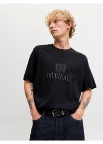 Jack & Jones Rundhalsshirt JACK & JONES "JORFREDERIKSBERG MONOGRAM TEE SS CN SN", Herren, Gr. M, schwarz, Jersey, Obermaterial: 100% Baumwolle, bedruckt, relaxed fit normal, Rundhals, gerader Abschluss, Shirts Rundhalsshirt, Baumwolle, relaxed fit