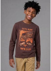 Langarmshirt Kidsworld "Gamer-Shirt", Jungen, Gr. 140/146, braun, Jersey, Obermaterial: 100% Baumwolle, Basic, Rundhals, Shirts Langarmshirt, Langarm, Basic-Stil, f&uuml;r Alltag und Freizeit