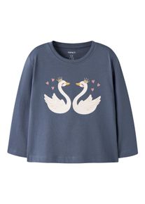 Langarmshirt name it "NMFVEEN LS NREG TOP", M&auml;dchen, Gr. 98, vintage indigo print:swan princess, Jersey, Obermaterial: 100% Baumwolle, bedruckt, normal normal, Rundhals, Shirts Langarmshirt, Baumwolle, regular fit