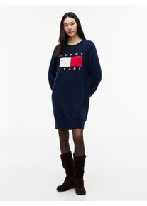 Sweatkleid Tommy Jeans "TJW SWEATER FLAG DRESS EXT", Damen, Gr. XS (34), N-Gr, dunkelblau, Sweatware, Obermaterial: 90% Baumwolle, 10% Wolle, bedruckt, Rundhals, B&uuml;ndchen, Kleider Sweatkleid, Baumwollmischung