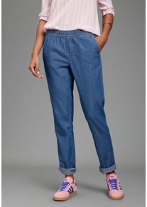 Relax-fit-Jeans Arizona "mit Schlupfbund", Damen, Gr. 50, N-Gr, blau used, Denim/Jeans, Obermaterial: 100% Baumwolle, unifarben, bequem lang, Jeans Relax-fit-Jeans, mit geradem Beinverlauf, normale Leibh&ouml;he, aus Baumwolle