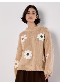 Strickpullover Apricot "Bestickter Pullover", Damen, Gr. L (40), wei&szlig; (stein), gestrickt, Obermaterial: 100% Polyester PES., unifarben, figurumspielend h&uuml;ftlang, Rundhals, weit B&uuml;ndchen, Pullover Strickpullover, mit G&auml;nsebl&uuml;mchen