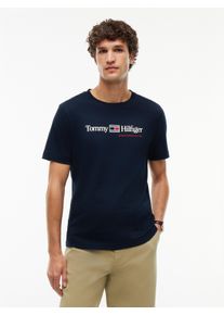 T-Shirt Tommy Hilfiger "BRAND LOVE RWB GRAPHIC", Herren, Gr. M, blau (navy blau), Jersey, Obermaterial: 100% Baumwolle, normal, Rundhals, Shirts T-Shirt, Auff&auml;lliger Frontprint mit Tommy Hilfiger Schriftzug, normale Passform